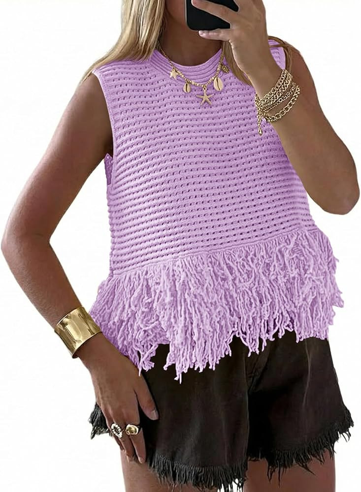 Saodimallsu Womens Crochet Crop Tank Tops Sleeveless Fringe Crew Neck Trendy Boho Knit Summer Swe... | Amazon (US)