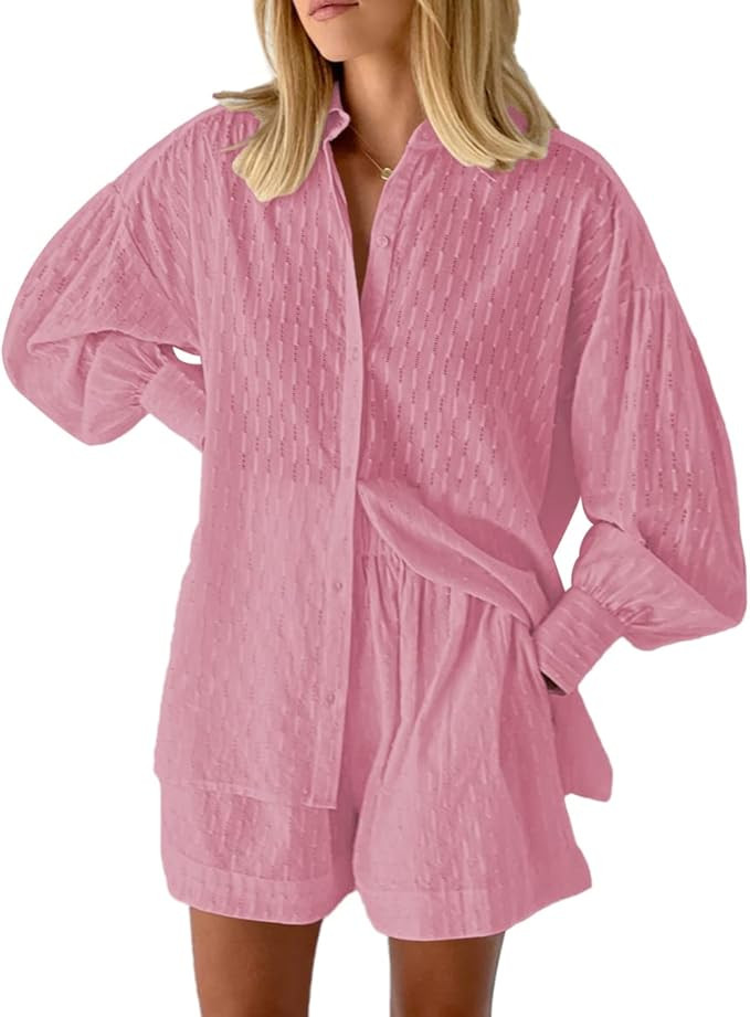 Fixmatti 2 Piece Outfits Long Sleeve Button Down Shirt and Shorts Sweatsuit Lounge Sets | Amazon (US)