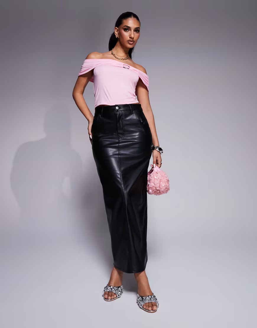 ASOS DESIGN denim faux leather maxi skirt with back slit in black | ASOS (Global)