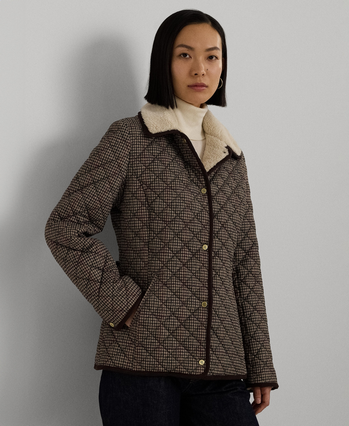Lauren Ralph Lauren Women's Faux-Sherpa-Collar Quilted Coat - Merlot Houndstooth | Macy's