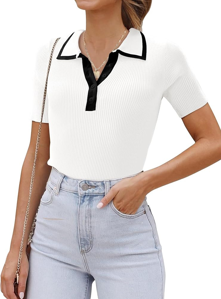 luvamia Blouses for Women Dressy Casual Knit Trendy Tops Summer Short Sleeve Color Block Button U... | Amazon (US)