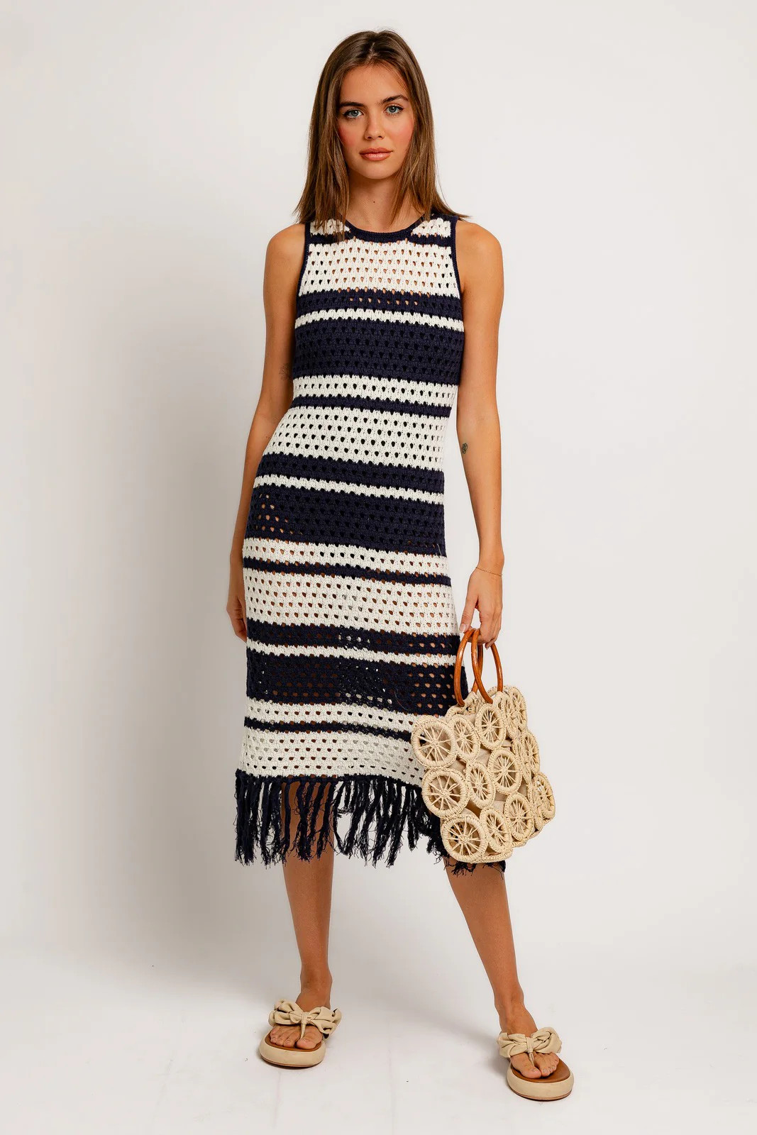 Navy Striped Crochet Fringe Coverup Dress | PinkBlush Maternity