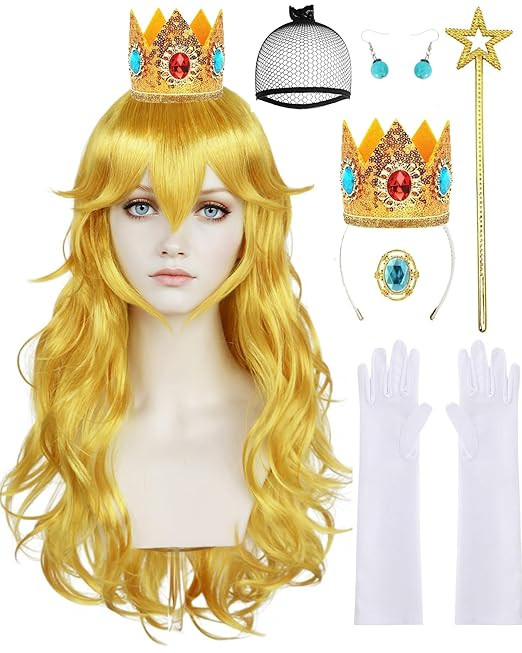 ANOGOL Hair Cap+ 28 Inch Princess Wig for Women Golden Long Wavy Wigs Peach Cosplay Wig Anime Syn... | Amazon (US)
