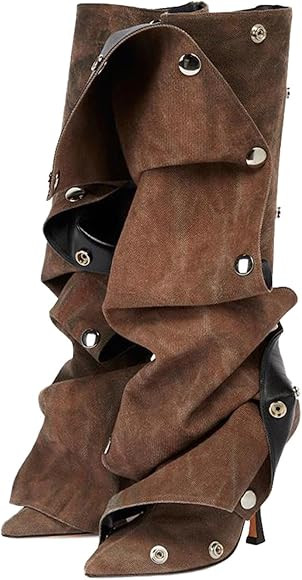 KaroNairy Brown Denim Cowboy Boots for Women Thigh Knee High Boots Stiletto High Heel Boots Detac... | Amazon (US)