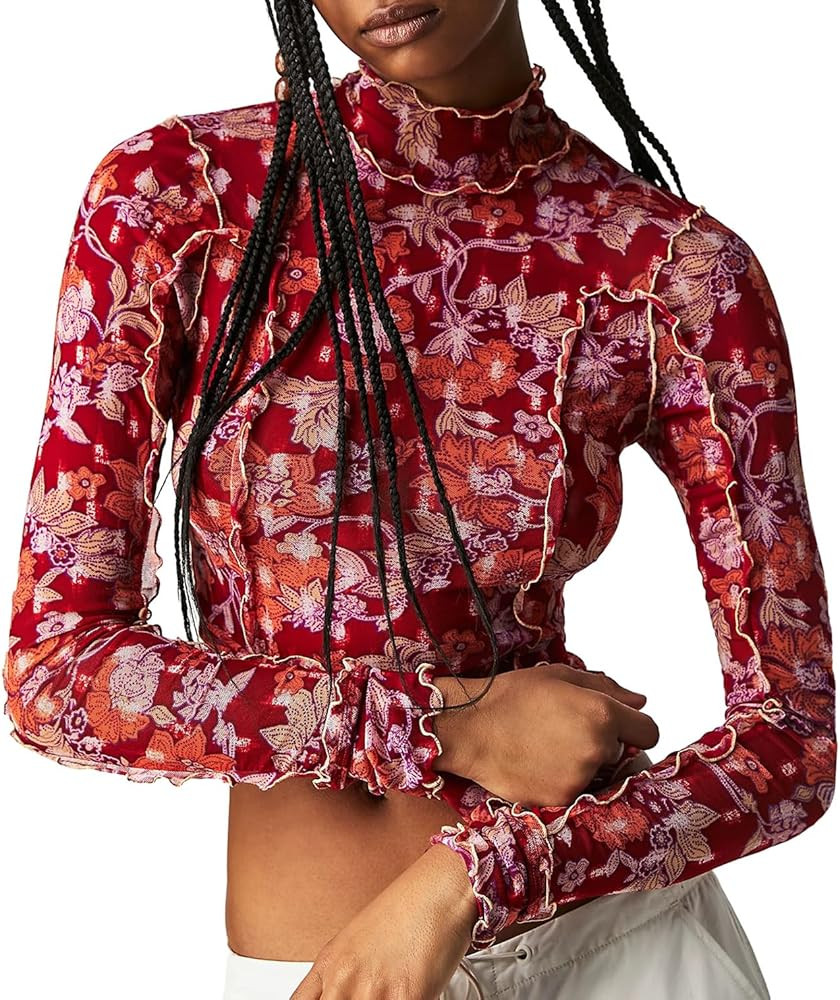 Mock Neck Mesh Tops for Women Long Sleeve Vibrant Floral Lettuce Trim Fitted Undershirt Sexy Semi... | Amazon (US)
