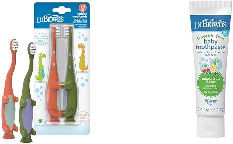 Dr. Brown's Baby and Toddler Toothbrush, Green and Orange Dinosaur 2-Pack, 1-4 Years & Fluoride-F... | Amazon (US)