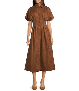 Gibson & Latimer Faux Suede Point Collar Short Dolman Sleeve Button Front Ruched Fit and Flare Sh... | Dillard's