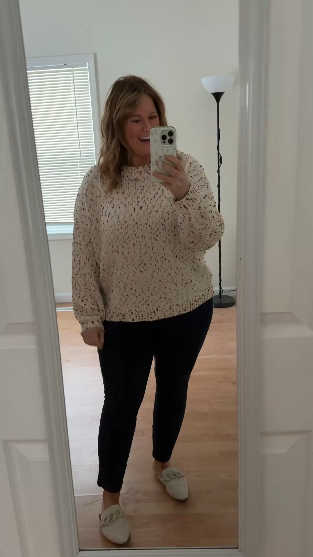 Teacher outfit! Love the specks of color in this sweater.  Wearing an XL.  Pixie pants are a 16 petite  

#LTKMidsize #LTKSeasonal #LTKWorkwear