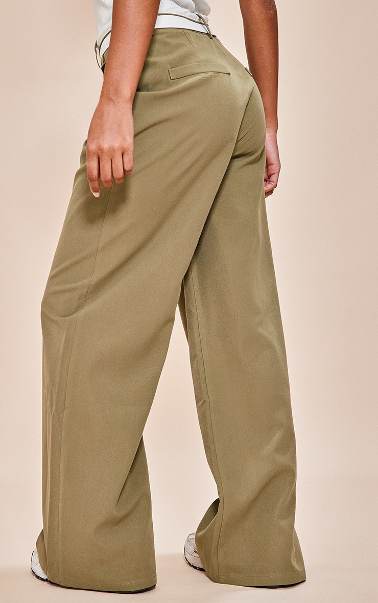 Khaki Turn Over Waist Straight Leg Trousers | PrettyLittleThing UK