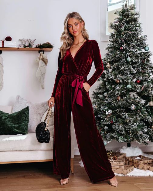 Love One Another Velvet Pocketed Cutout Back Jumpsuit - Wine | VICI Collection