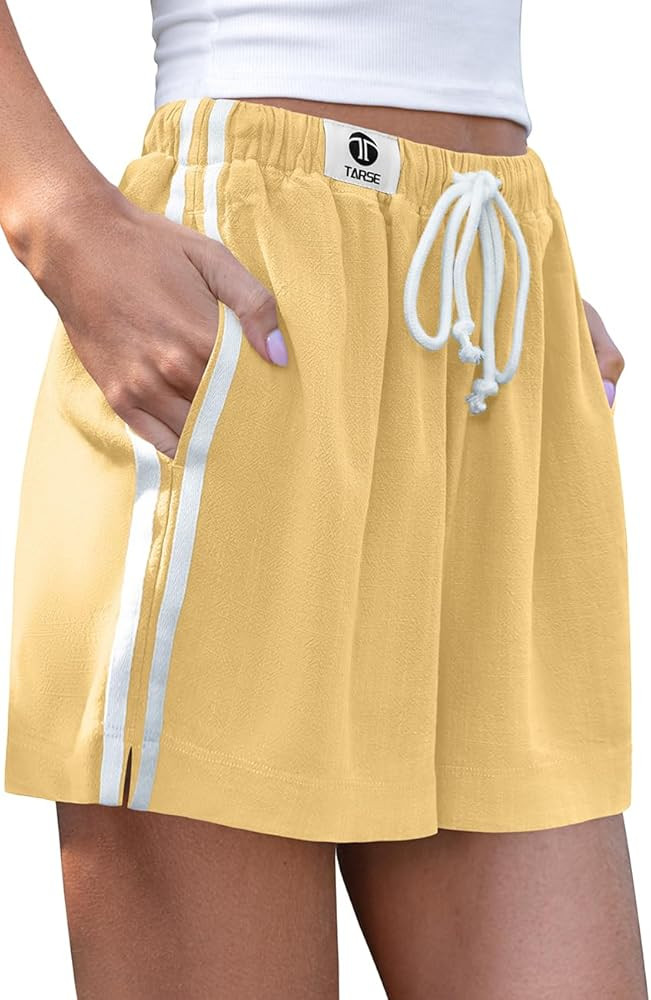TARSE Womens Casual Shorts Linen Lounge Loose Fit Boxer Shorts Elastic Waist Summer Beach Bottoms | Amazon (US)