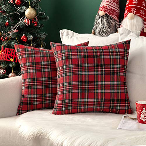 MIULEE Christmas Set of 2 Scottish Tartan Plaid Throw Pillow Covers Farmhouse Classic Decorative Outdoor Square Cushion Cases for Home Decor Sofa Couch 16x16 Inch, Red | Amazon (US)