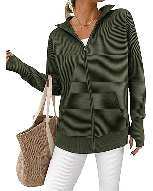 PRETTYGARDEN Womens Fall 2025 Long Sleeve Zip Up Cardigan Sweaters Casual Loose Collared Ribbed K... | Amazon (US)
