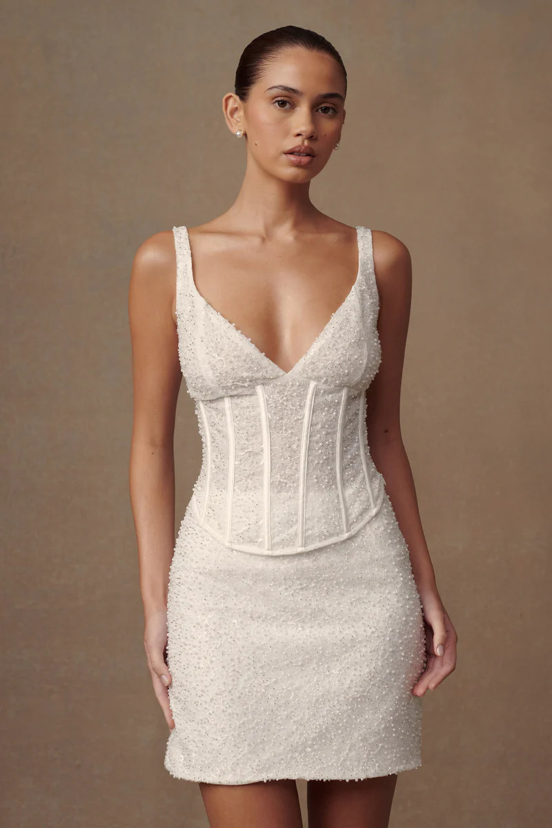 Elsie Pearl Beaded Bustier Top - White | MESHKI US