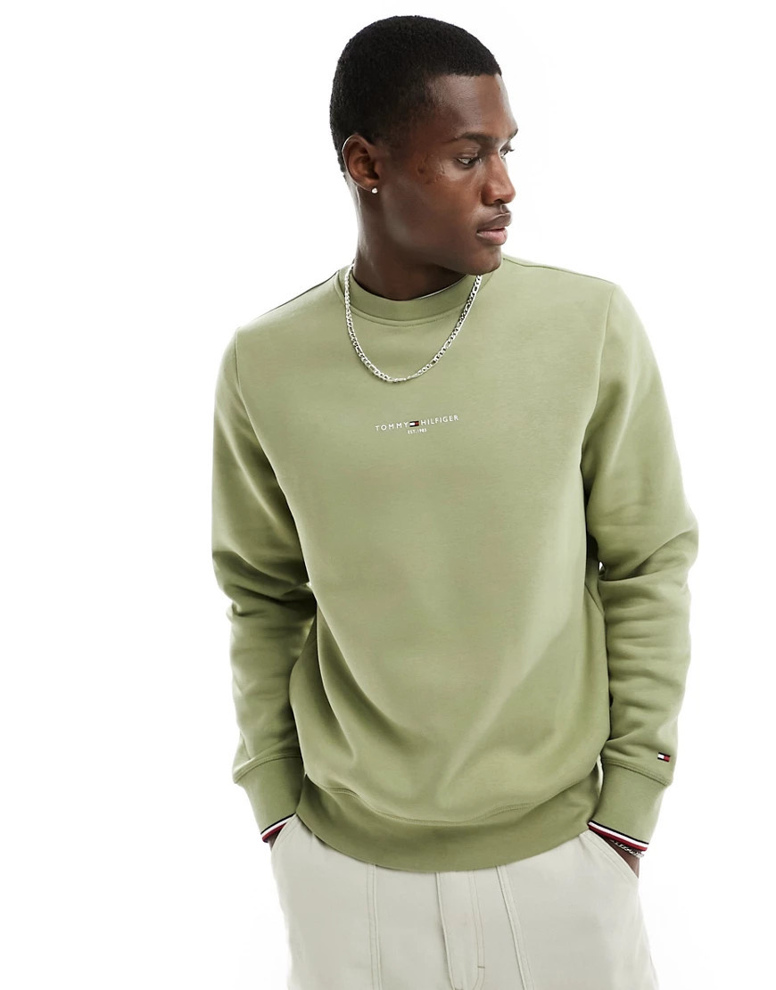 Tommy Hilfiger logo tipped crew neck sweatshirt in olive green | ASOS (Global)