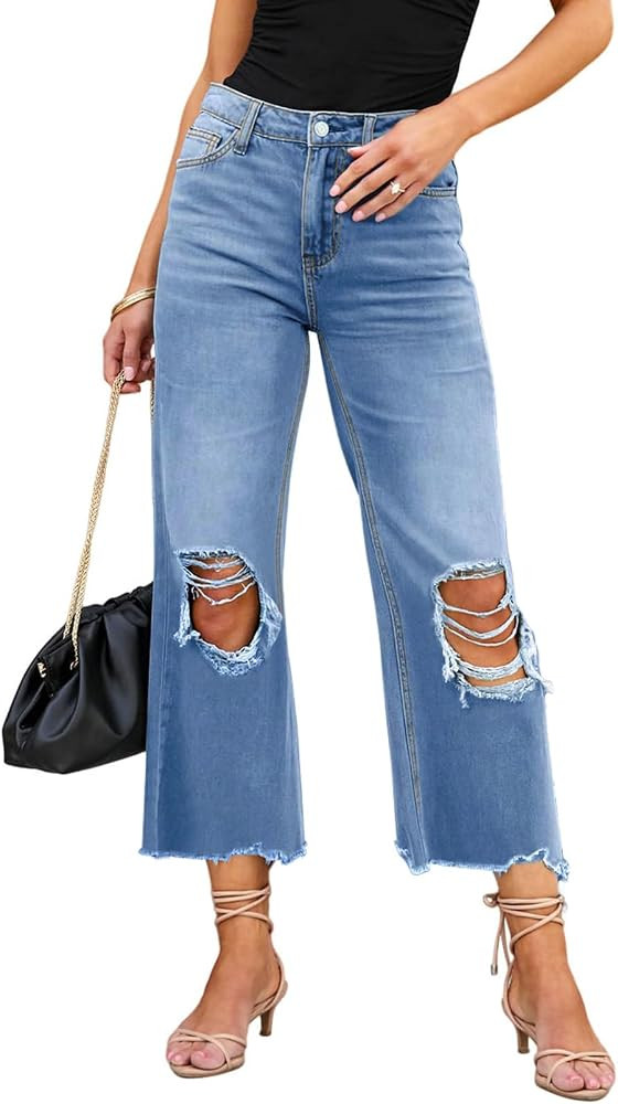 LOLONG High Waisted Ripped Flare Jeans for Women Casual Distressed Pants | Amazon (US)