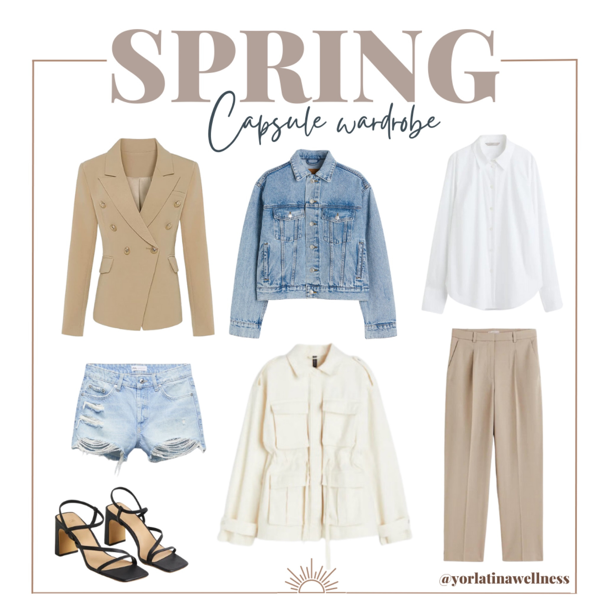 Spring Capsule Wardrobe, spring outfits, vacation outfits, travel outfits, vacation outfit, resort outfit, khaki blazer, jean jacket, white shirt, dress pants, utility jacket, ripped high wasted shorts, black sandals 

#LTKunder100 #LTKunder50 #LTKSeasonal