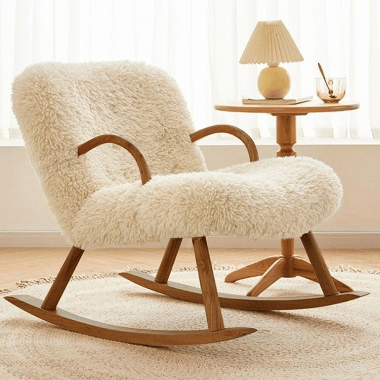 White Boucle Upholstery Rocking Chair Solid Wood Accent Chair in Walnut | Homary
