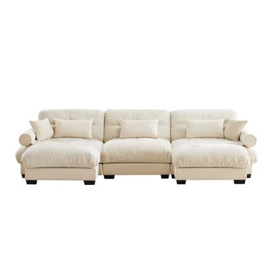 Cream Velvet 3-Seat Modular Sectional Sofa with 2 Movable Ottomans, Modern Convertible Corner Couch for Living Room | Wayfair North America
