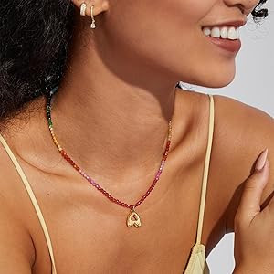 KissYan Beaded Initial Necklace for Women, 14K Gold Plated Bubble Letter Pendant Rainbow Gemstone... | Amazon (US)