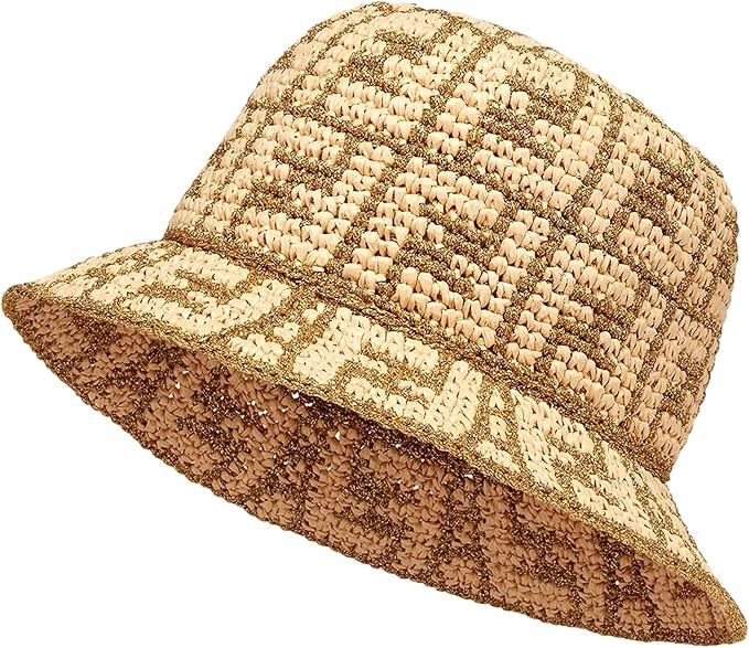 FENDI FF Motif Woven Metallic Gold and Natural Raffia Crochet Bucket Hat, Small-Medium | Amazon (US)