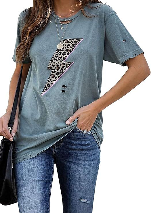 INFITTY Womens Basic Graphic Tees Casual Summer Short Sleeve Shirt Blouse Lightning Leopard Print... | Amazon (US)
