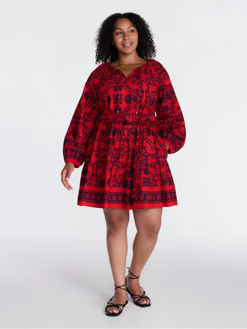 Time and Tru Women's and Women\u2019s Plus Tie Neck Mini Peasant Dress, Sizes XS \u2013 4X | Walmart (US)