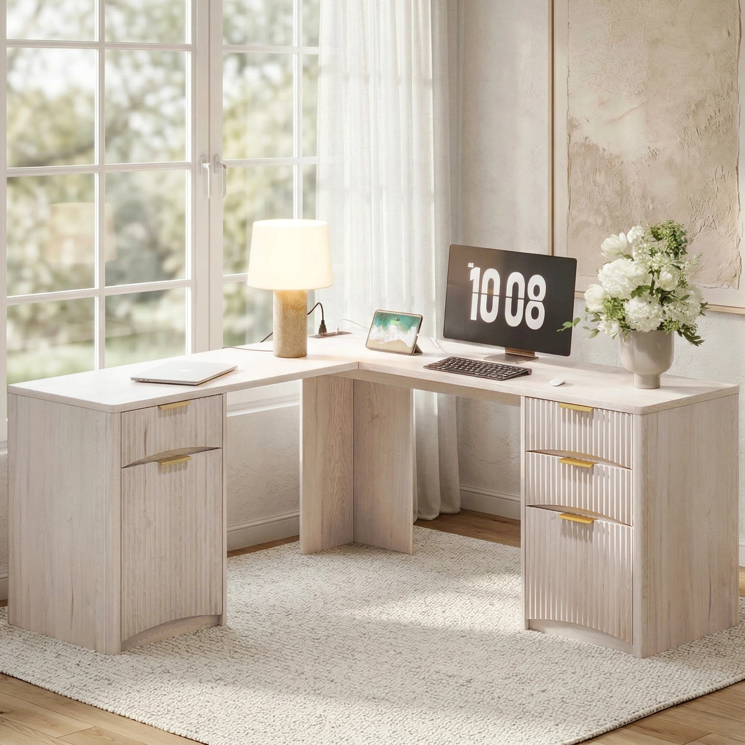 63'' Fluted L Shaped Desk with Drawers, Corner Computer Desk with Storage, Modern Executive Home ... | Wayfair North America