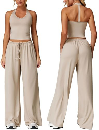 ABOCIW Summer Outfits for Women 2 Piece Lounge Sets V Neck Halter Crop Top Wide Leg Pants Comfy Tracksuits Workout Sets Vacation Beach Travel Airport Outfits for Women 2025 Sand Medium | Amazon (US)
