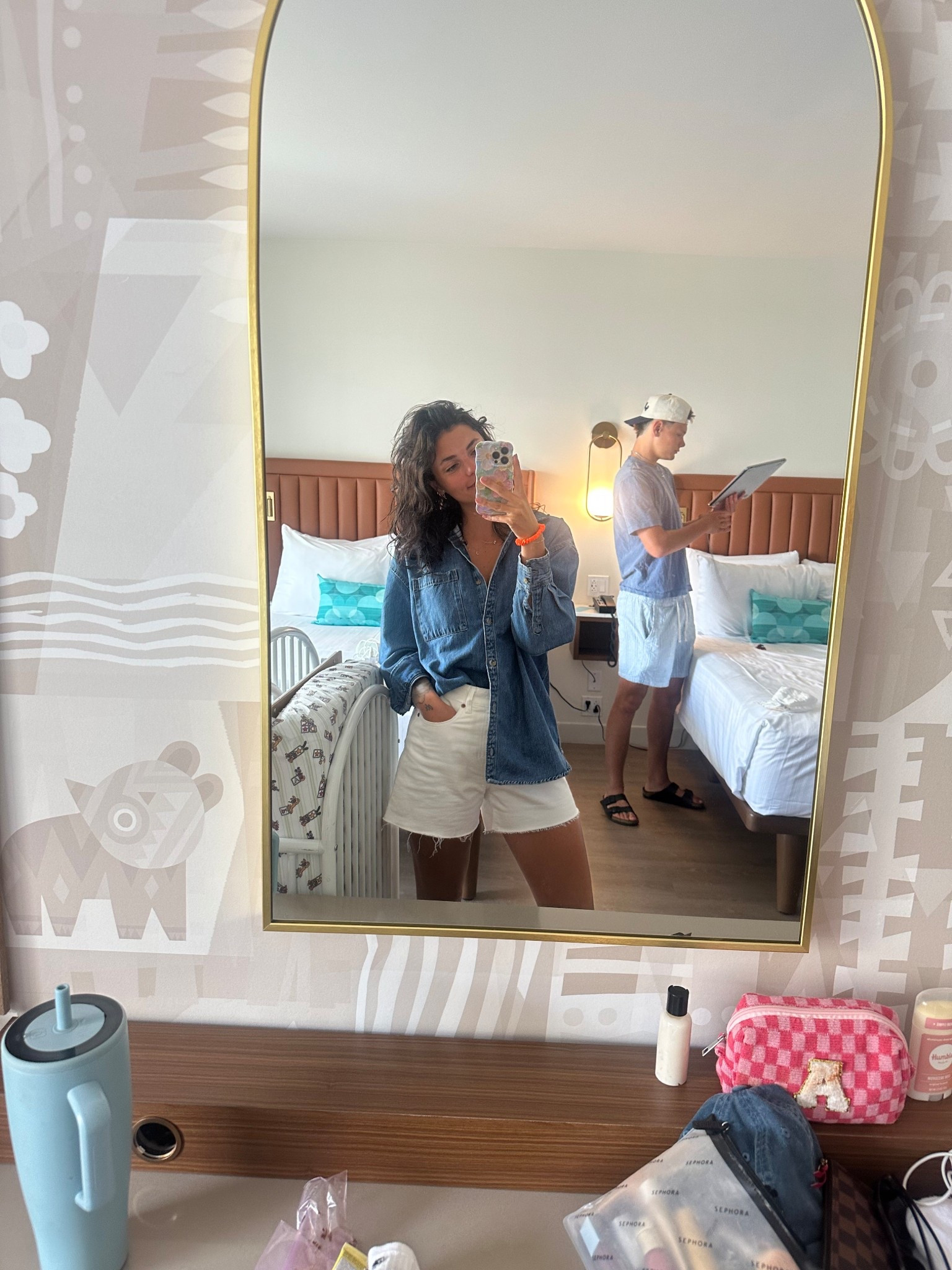 This old navy button down and H& M shorts were such an easy & casual dinner outfit — shorts are two or three seasons old 
