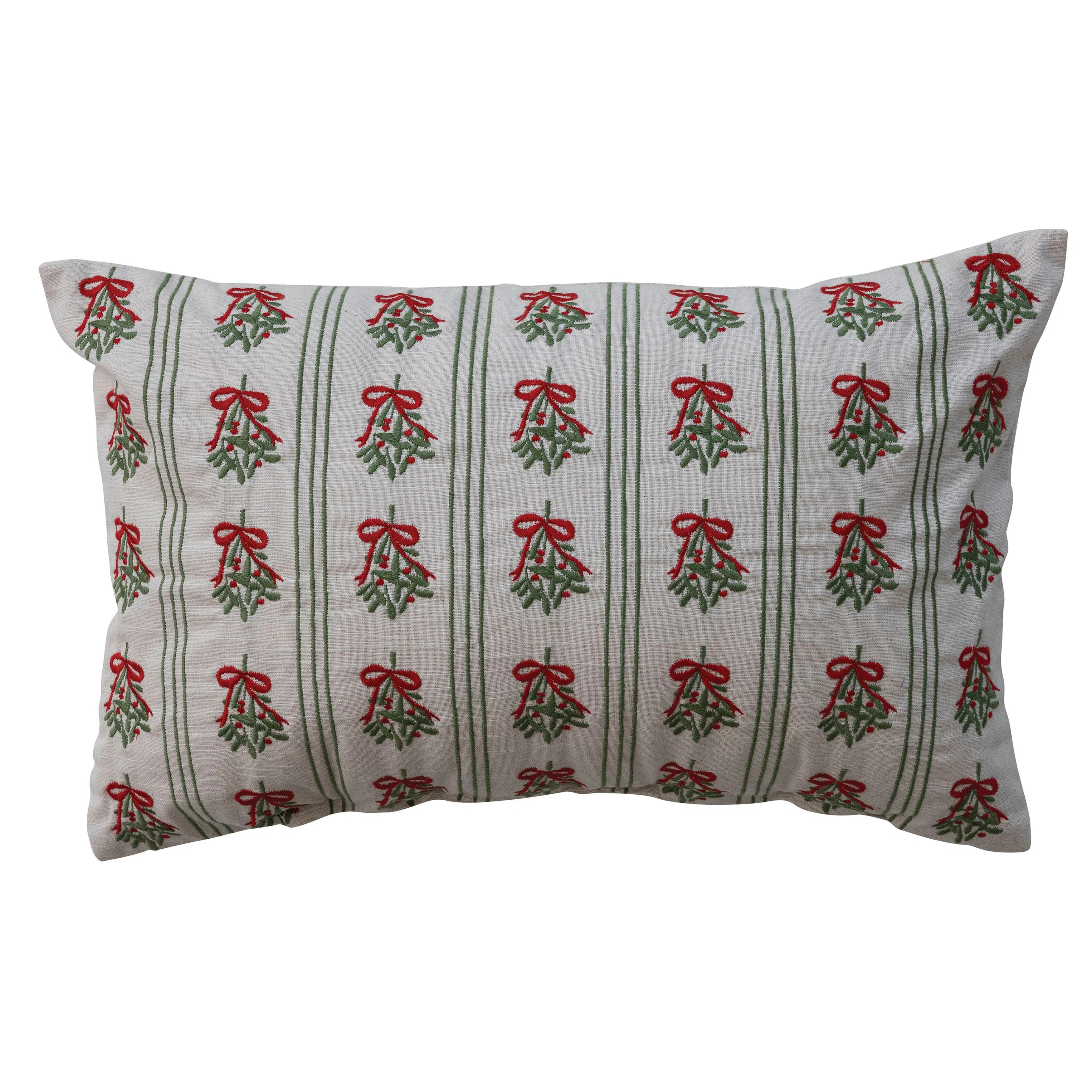 Cotton Lumbar Pillow With Mistletoe Pattern, Stripes & Embroidery | Wayfair North America