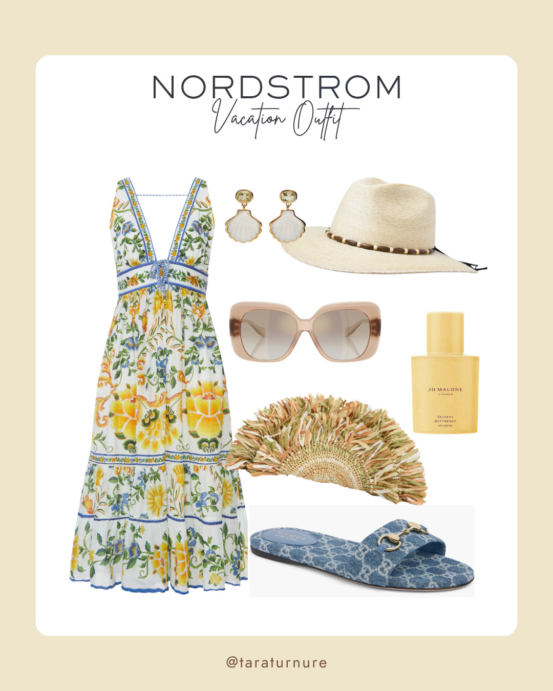 Mediterranean-inspired charm for the ultimate getaway. A curated Nordstrom vacation outfit featuring a vibrant majolica print, raffia textures, and elevated seaside accessories. 

#NordstromStyle #VacationOOTD #ResortWear #SummerAesthetic #GucciSlides #JoMalone #BeachChic #MaxiDress 

 #LTKootd #LTKBeauty #LTKTravel