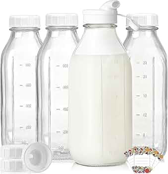 Liter Glass Milk Bottles w Scale, 100% Airtight Heavy Duty Screw Lid - 4 Pack 32 Oz Drinking Jars... | Amazon (US)