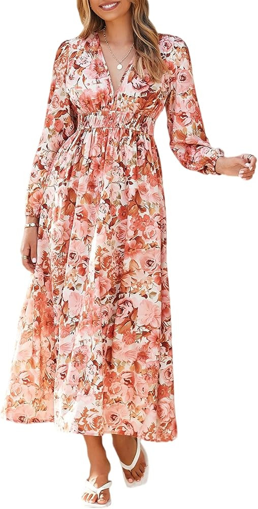 Women's Long Sleeve Boho Maxi Dress Floral Print Long Dress Pink Print | Amazon (US)