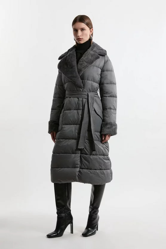 Faux Fur Lined Belted Longline Puffer Coat | Karen Millen UK + IE + DE + NL