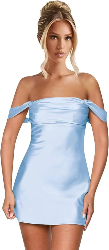 Amazon.com: enetly Satin Off Shoulder Red Short Homecoming Dresses for Teens Tight Open Back Grad... | Amazon (US)