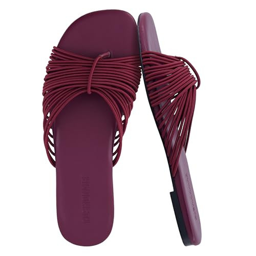 CUSHIONAIRE Lanky Strappy Sandals for Women, Trendy Multi-Strap Square Toe Flat Slide Womens Sandals with Cushioned Footbed, BURGUNDY | Amazon (US)