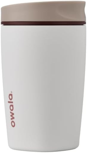 Owala SmoothSip Slider Insulated Stainless Steel Coffee Tumbler, Reusable Iced Coffee Cup, Hot Coffee Travel Mug, BPA Free 12 oz, Tan/White (Vanilla Bean) | Amazon (US)