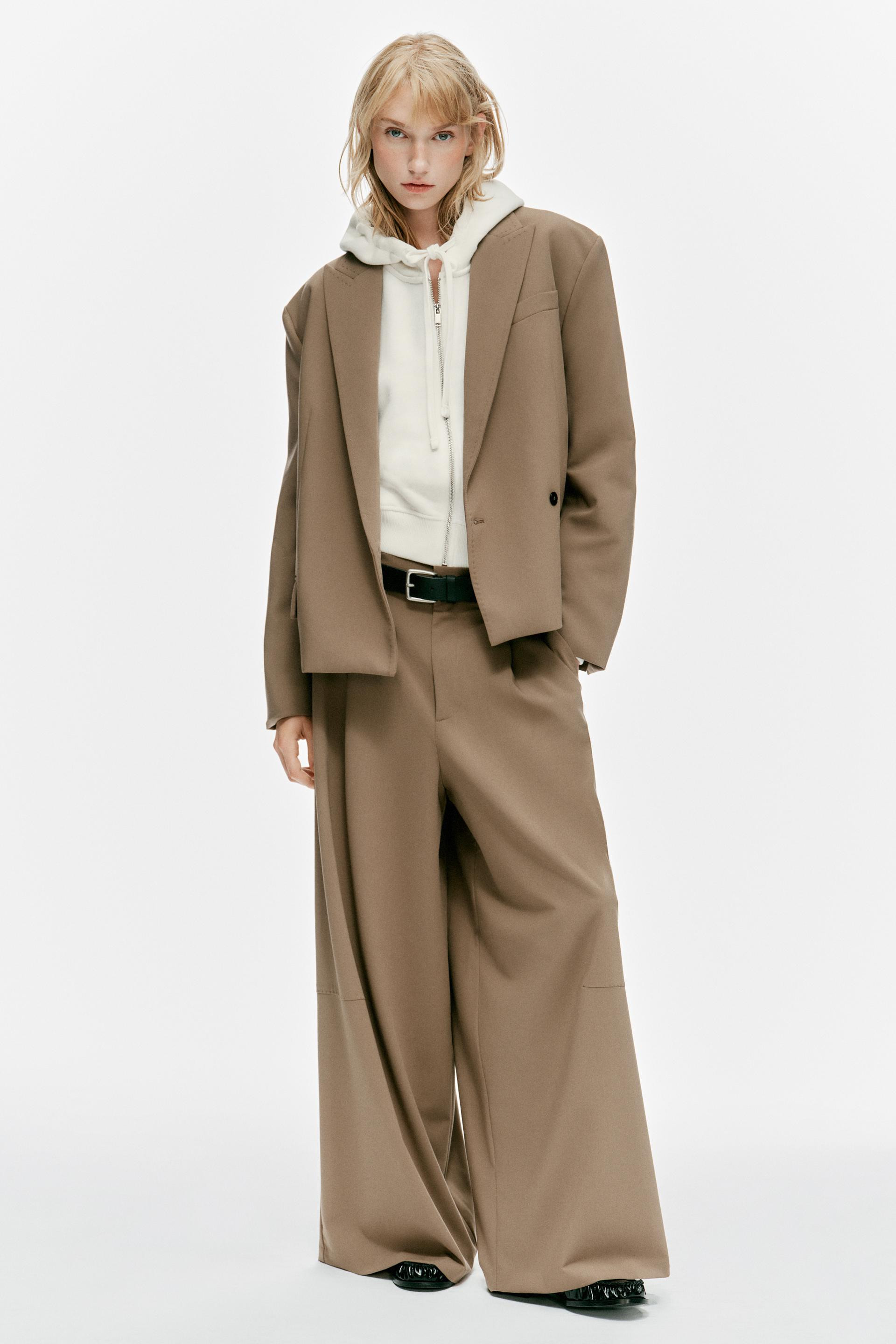 Zara - Trousers With Pleats And Topstitching - Beige - M - Woman | Zara UK