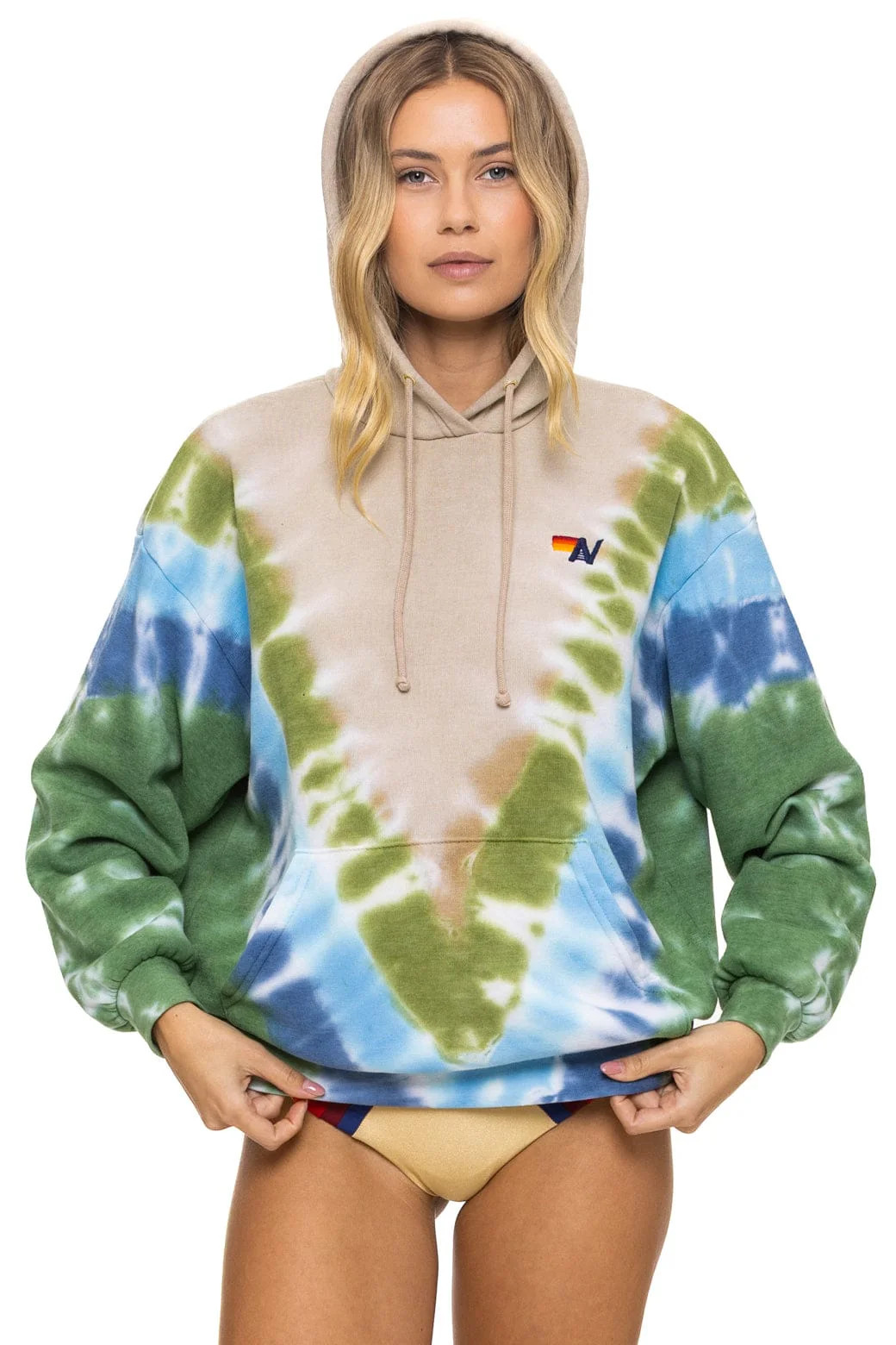 HAND DYED V RELAXED PULLOVER HOODIE - TIE DYE SAND // BLUE GREEN | Aviator Nation