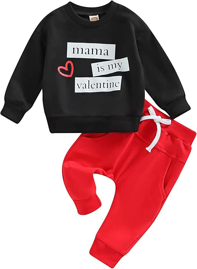 Baby Boy Valentines Day Outfit Solid Color Letter Print Sweatshirt Top Drawstring Pants 2PCS Clot... | Amazon (US)