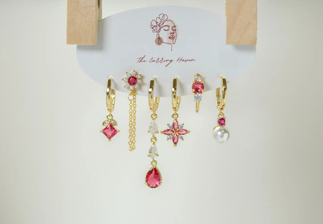 Pink Crystal Earring Set, Mismatched Earrings, Earring Set, Pink Earrings Dangle, Aesthetic Earri... | Etsy (US)