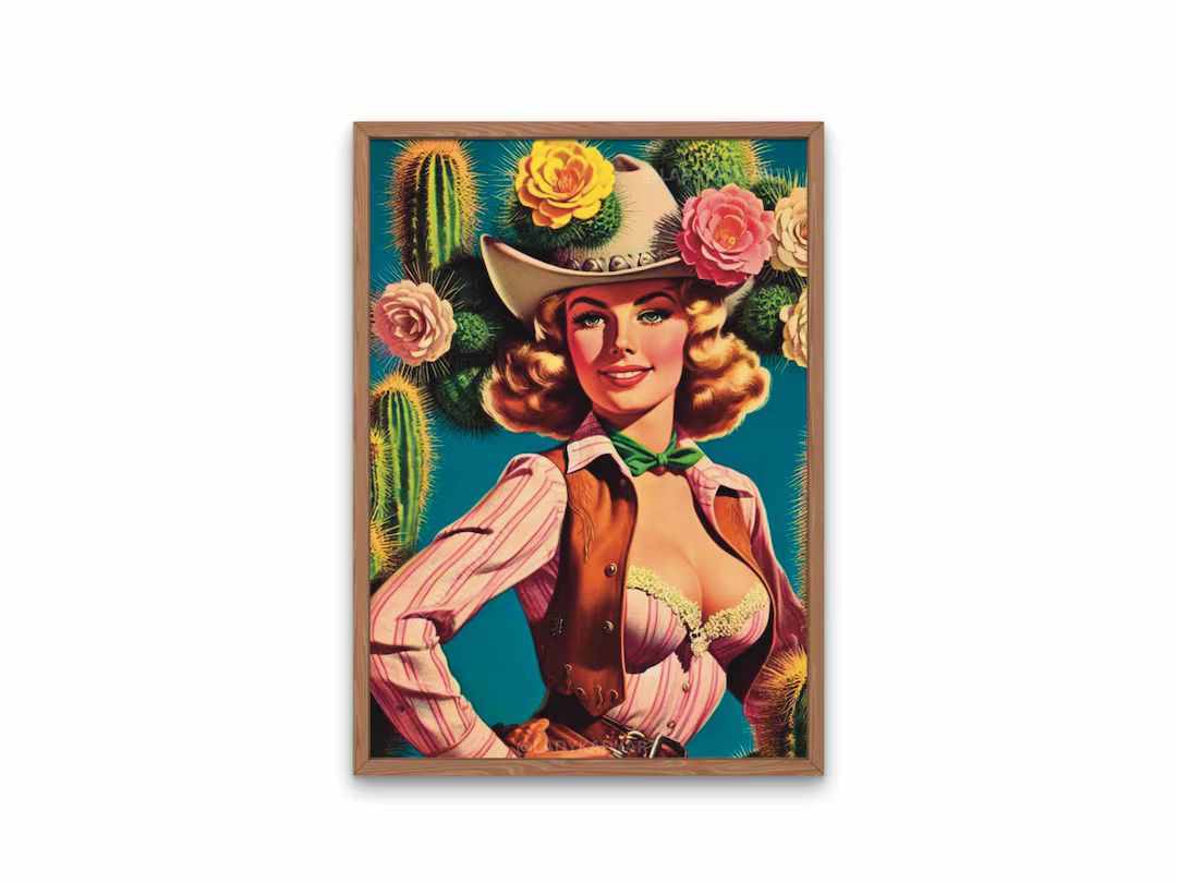 Cactus Cowgirl Wall Art, Vintage Cowboy Art, Surreal Western Art Print, Retro Cowgirl Art Print, ... | Etsy (US)