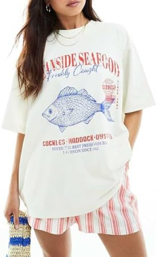 Women Cute Graphic Oversized Tees Fish Lobster Printed Y2K Baggy T Shirts Teen Girls Preppy Vinta... | Amazon (US)