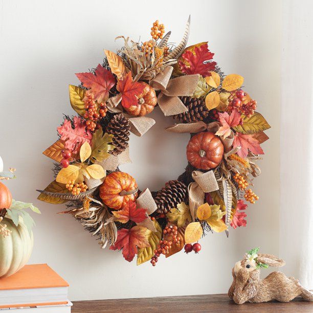 Way to Celebrate Harvest Pumpkin Maple Leaf Wreath 24" - Walmart.com | Walmart (US)