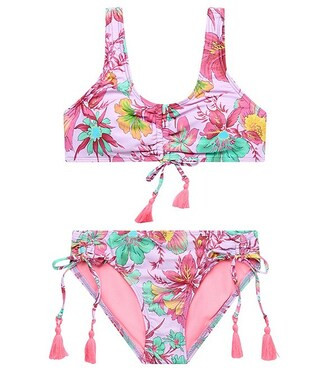 Big Girls 7-16 Allover Floral Bralette & Hipster Pink Tassel Trim 2-Piece Swimsuit | Dillard's