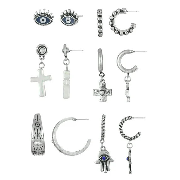 No Boundaries Silver-Tone Multi Earring Set with Studs and Mini Hoops, 6-Pack, Women's | Walmart (US)
