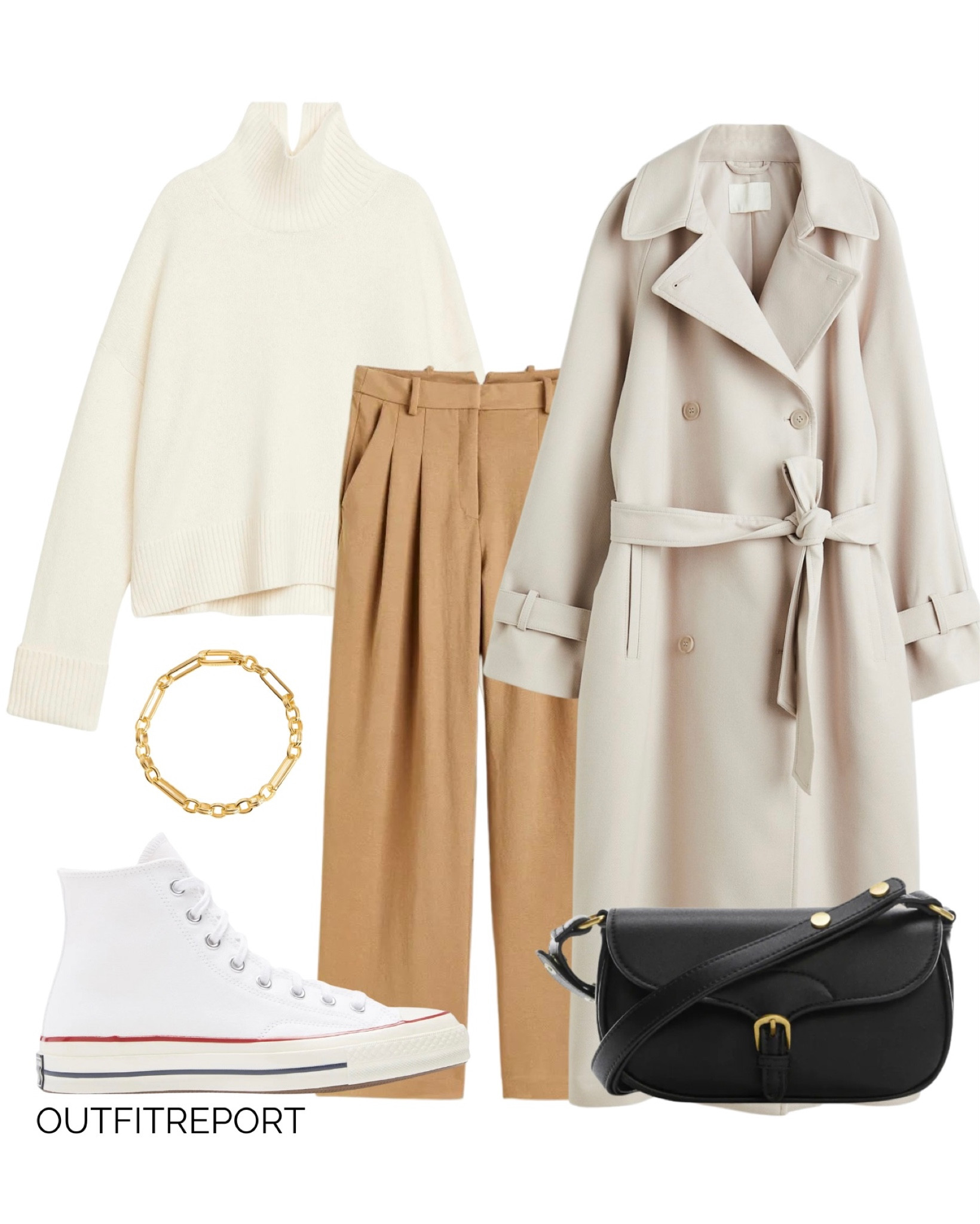 Spring fashion outfit ootd, trench coat jacket, black handbag, camel trousers pants, white converse all star shoes, gold bracelet, white jumper knit sweater 

#LTKstyletip #LTKunder100 #LTKshoecrush