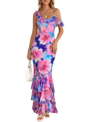 Wenrine Womens Summer Floral Maxi Dress Mesh Spaghetti Strap One Shoulder Casual Ruffle Mermaid B... | Amazon (US)