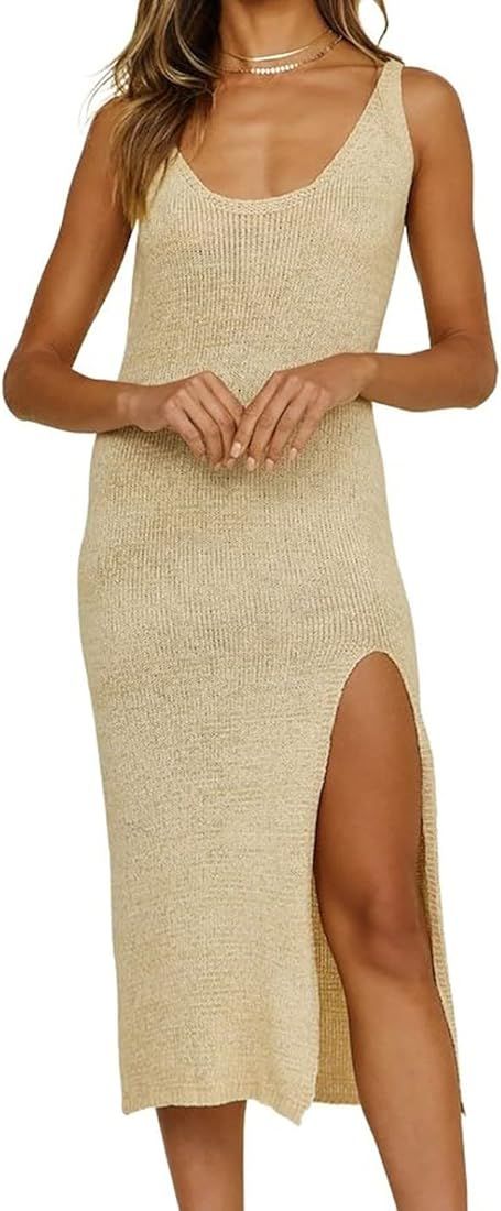 AILUNSNIKA Crochet Cover Up for Swimwear Women Backless Beach Cover Up Side Slit Knit Dress | Amazon (US)